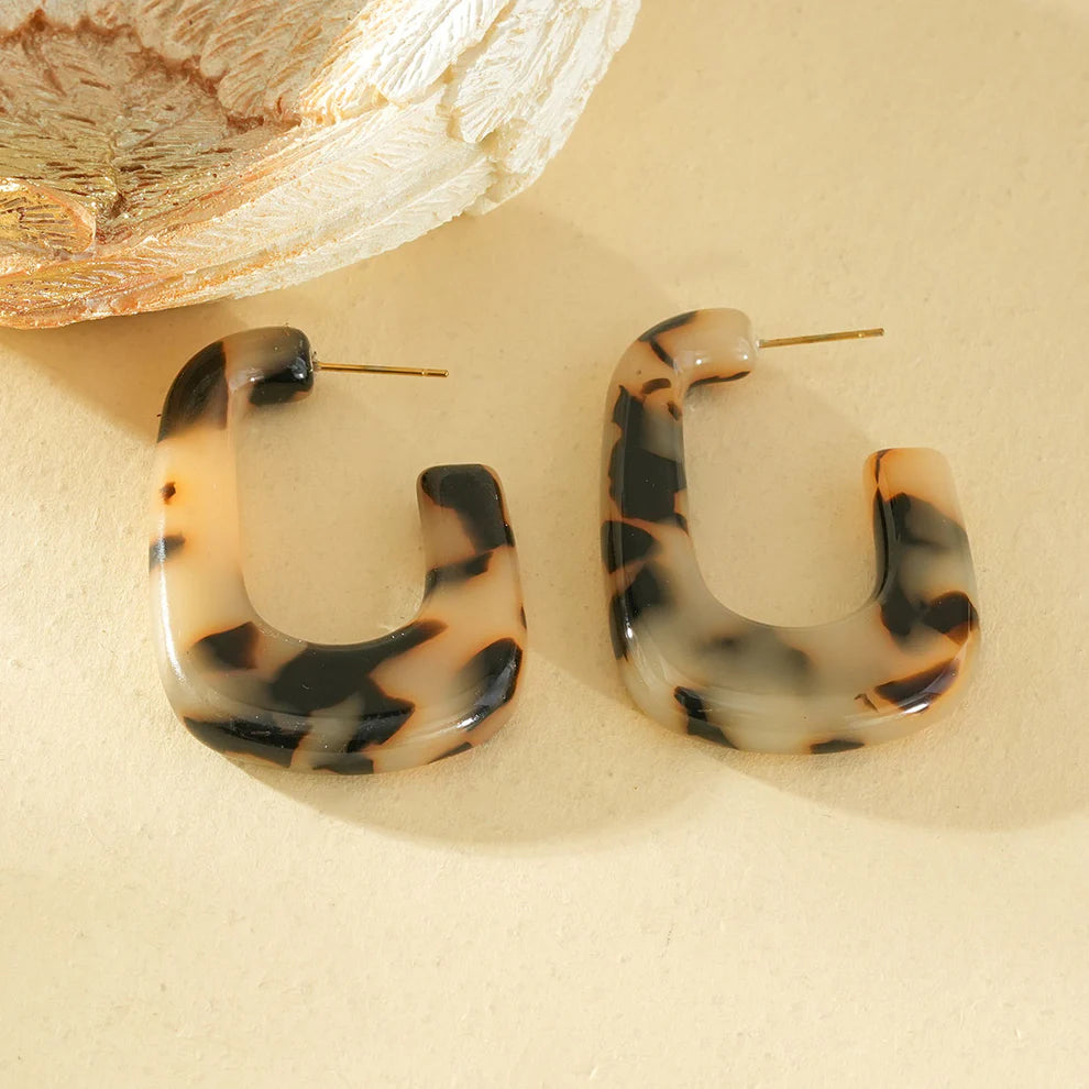 Boucles d'oreilles créoles rectangulaires ouvertes résine léopard Acier inoxydable