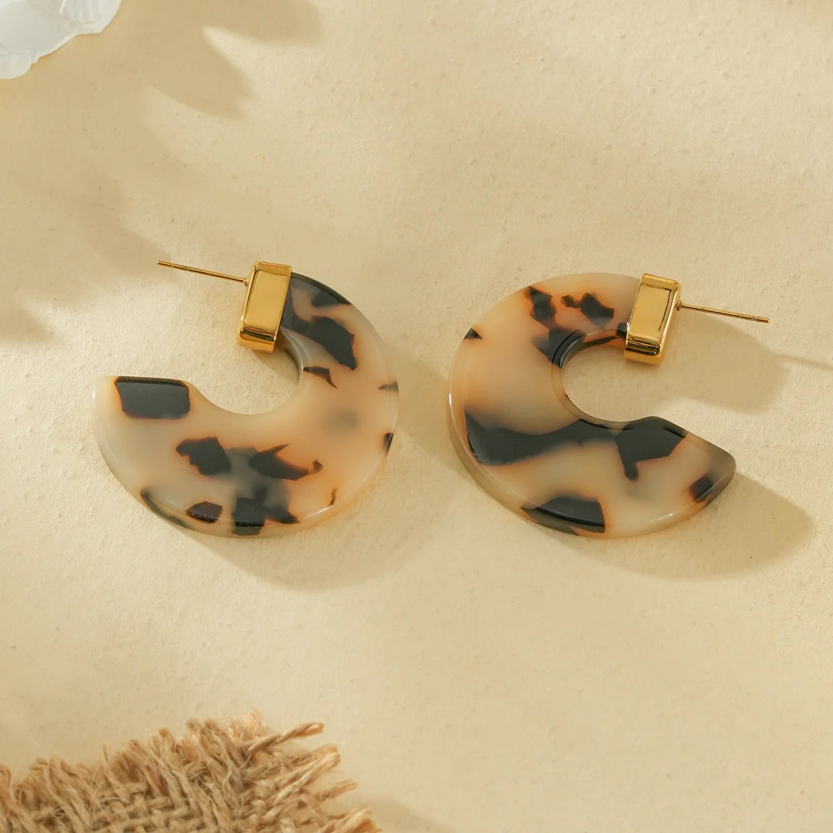 Boucles d'Oreilles Créoles Rondes Résine Léopard Acier inoxydable