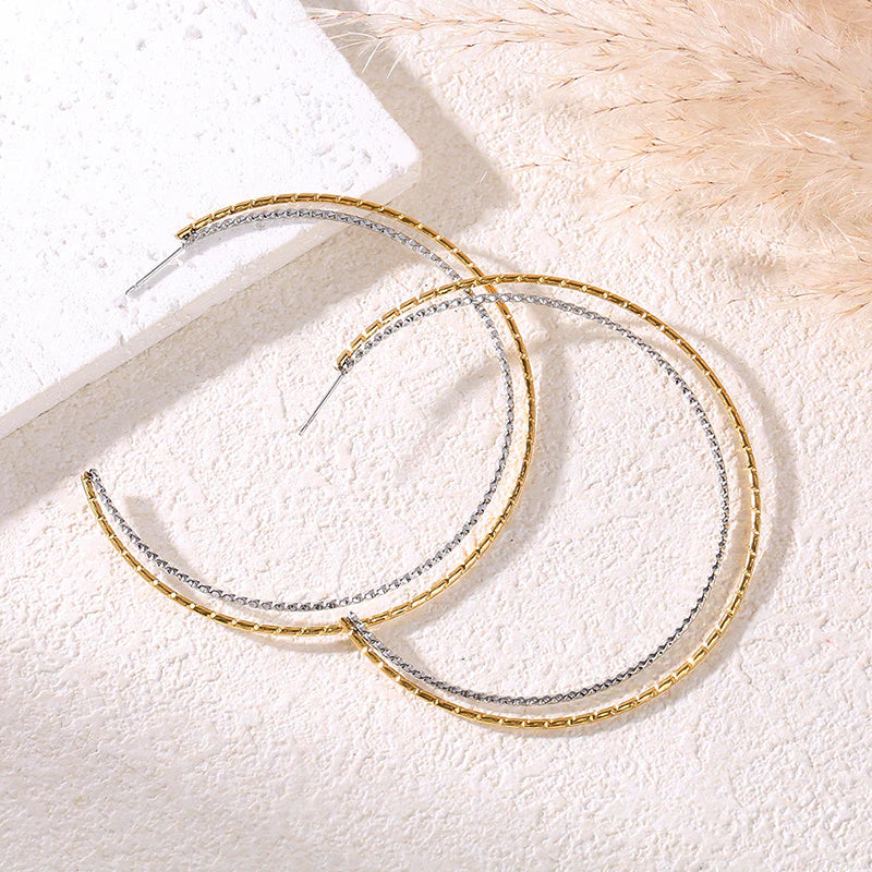 Boucles d’oreilles double créoles ouvertes bicolores dorées et argentées finition brossée