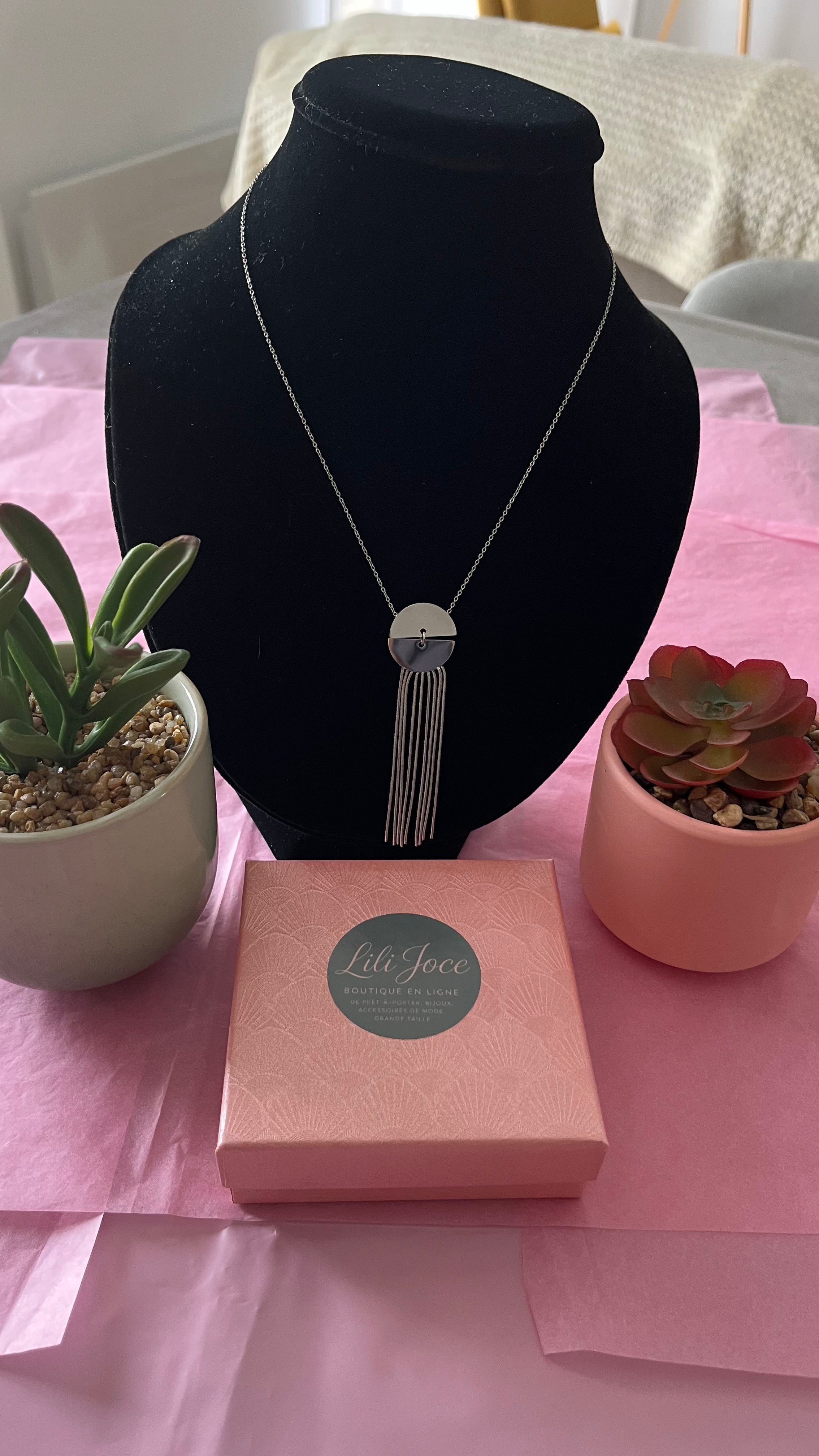 Collier Argenté Avec Pendentif Disque En Deux Avec Glands
