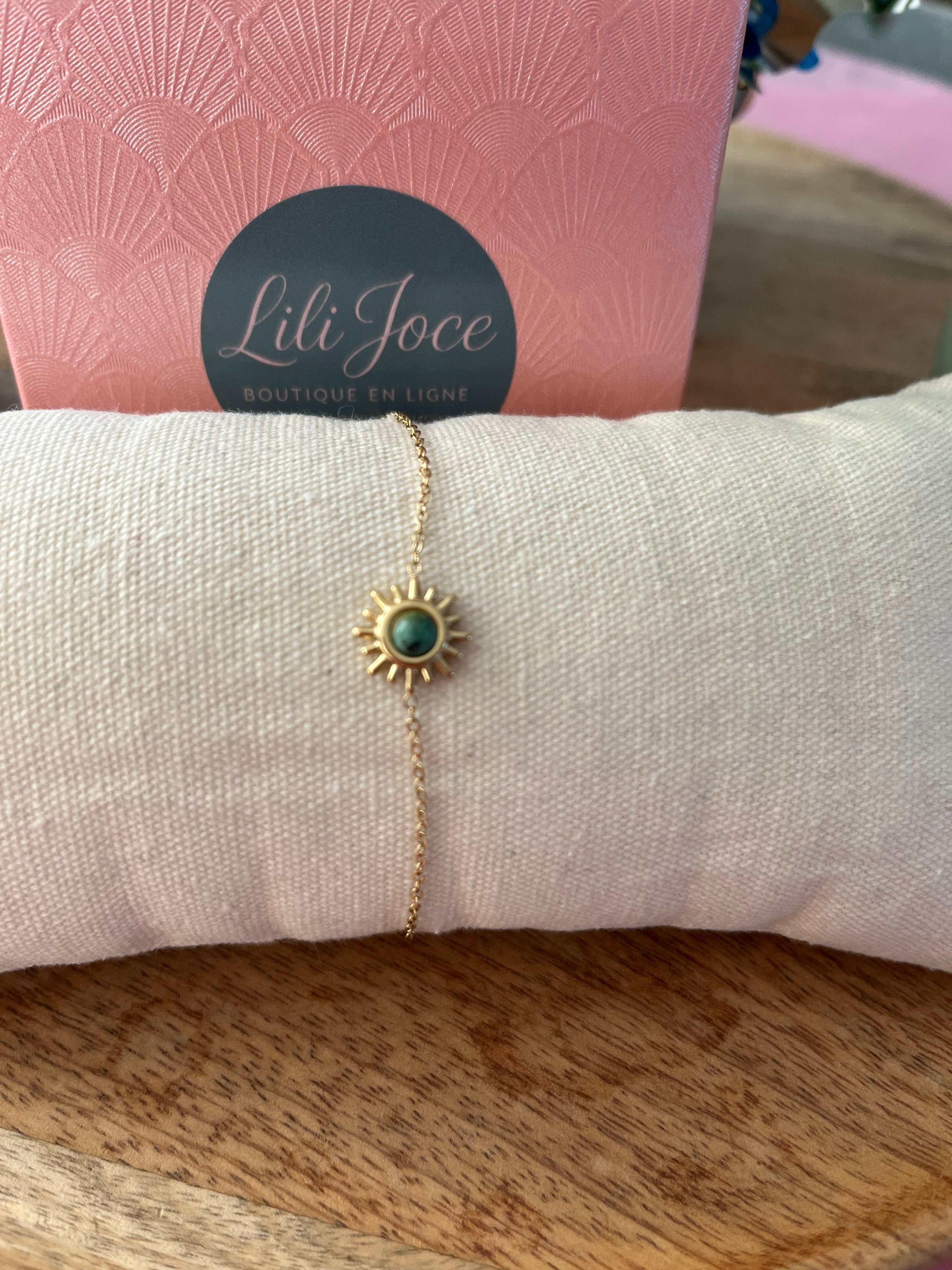 Bracelet doré soleil &amp; cœur de turquoise d’Afrique – Énergie et lumière