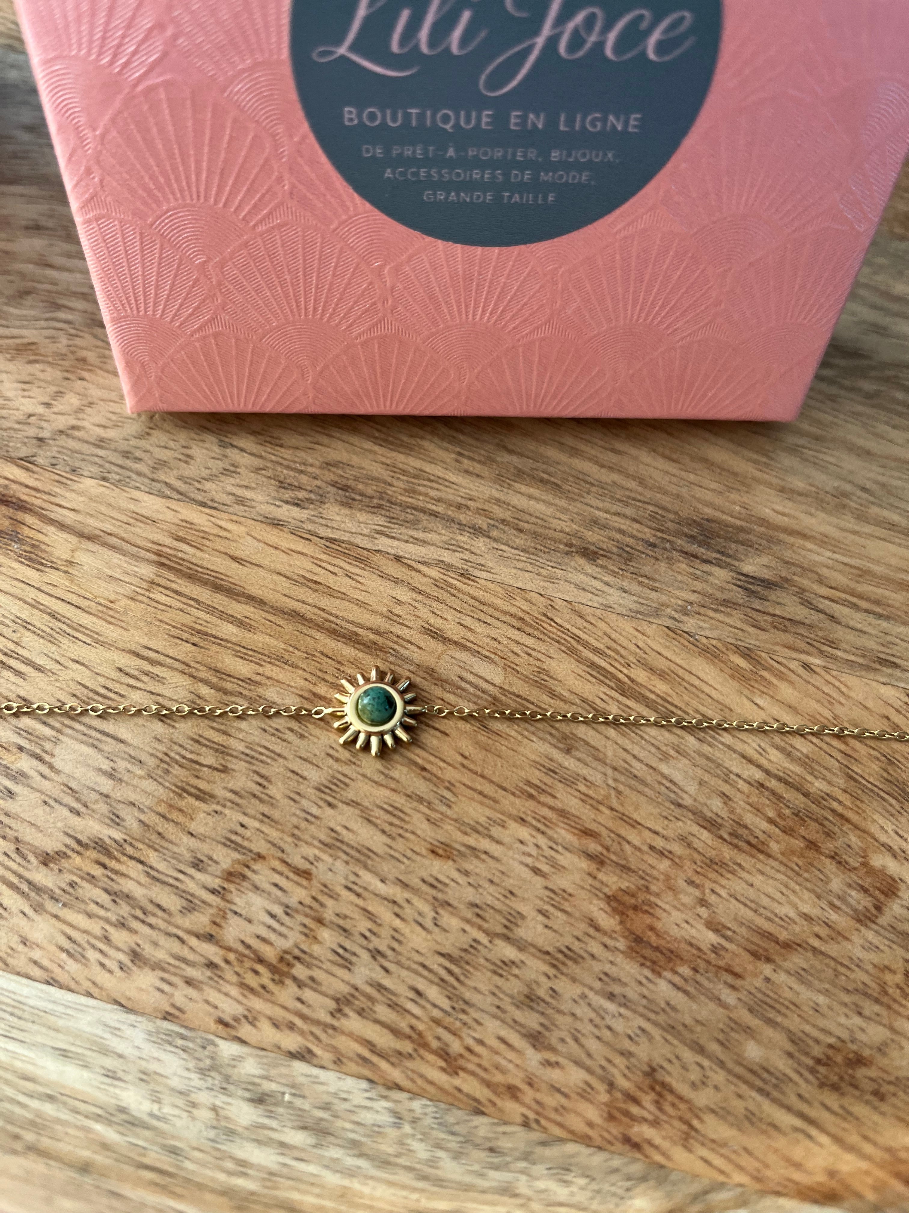 Bracelet doré soleil &amp; cœur de turquoise d’Afrique – Énergie et lumière