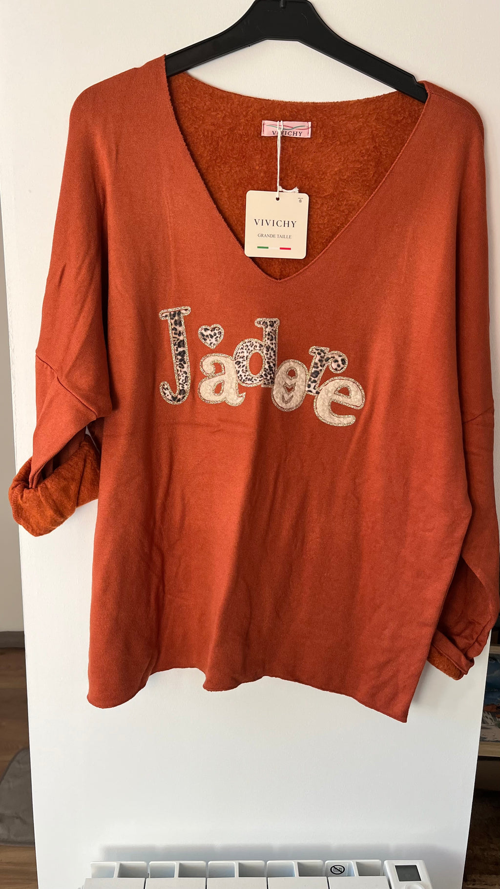 Pull Col V Fourré Imprimé "J'adore"