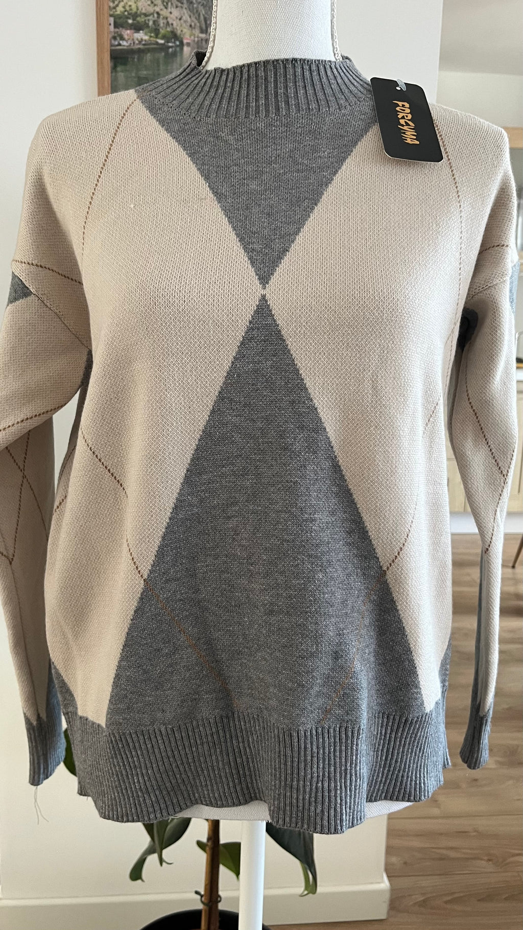 Pull Gris et Blanc à motifs Losanges