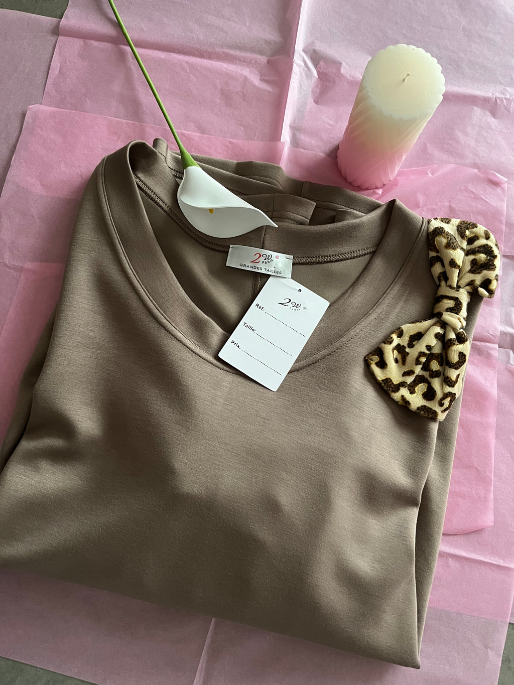 Sweatshirt Taupe avec Nœud Léopard