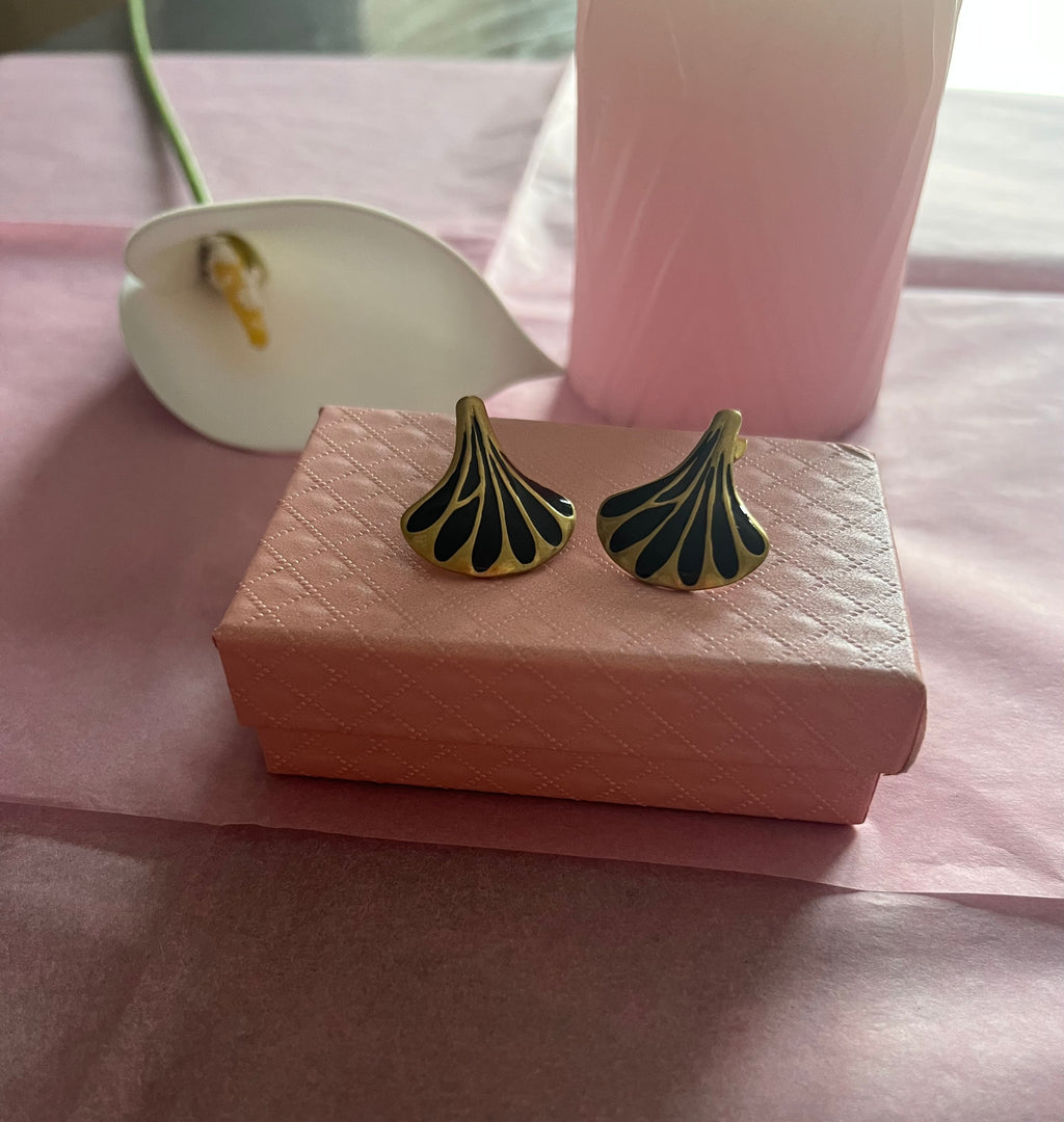 Boucles d'Oreilles Dorées Ginkgo émail Noir