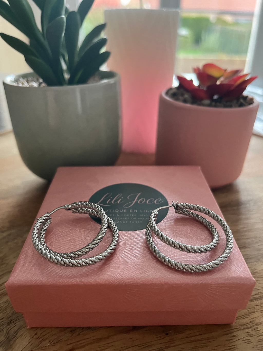 Boucles d'oreilles argenté créoles double anneaux texturé