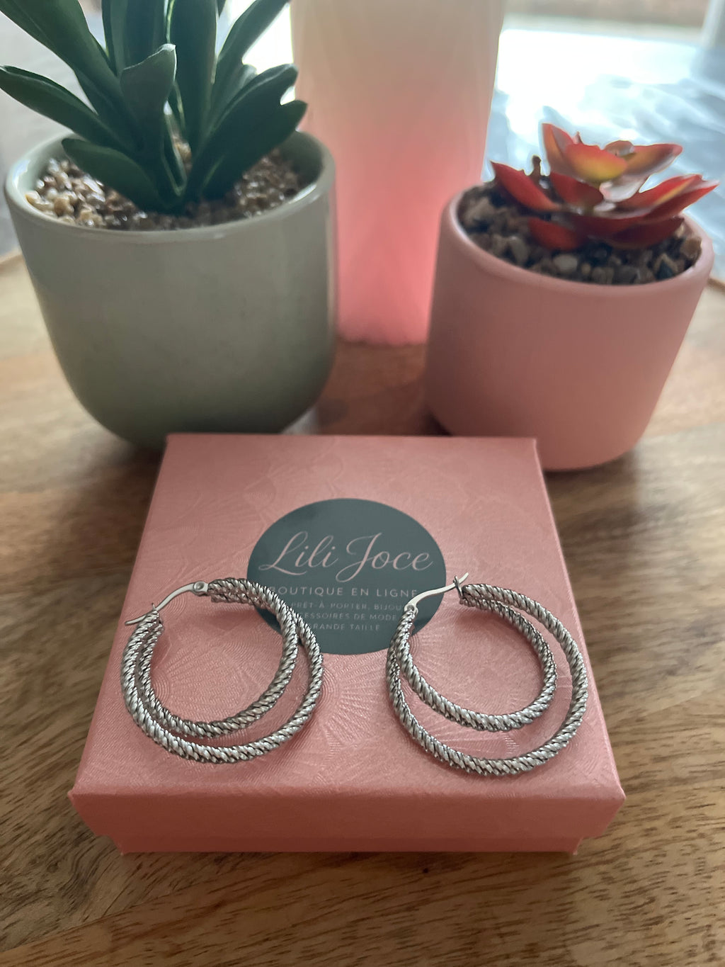 Boucles d'oreilles argenté créoles double anneaux texturé